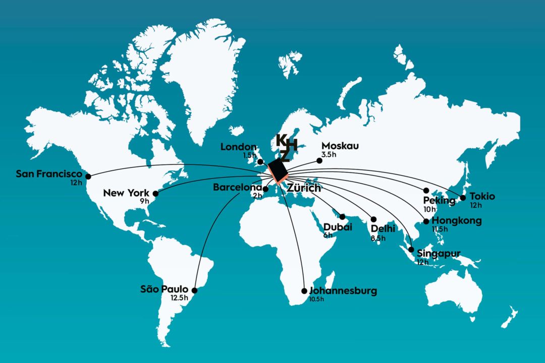 Weltkarte mit Flugzeiten nach Zürich